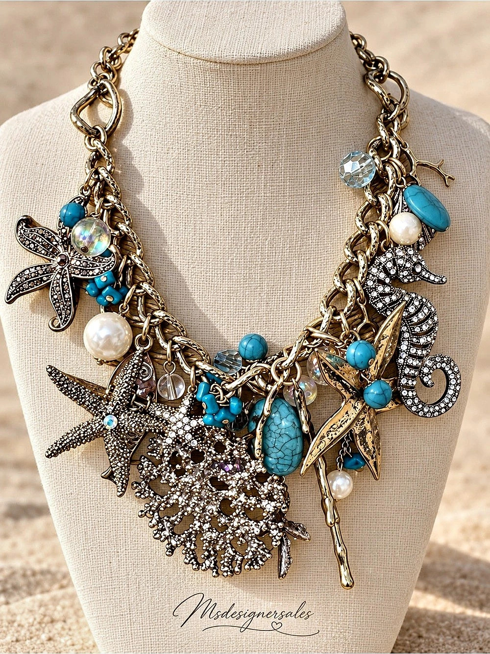 Statement Charm Necklace in Gold & Blue Like New 172